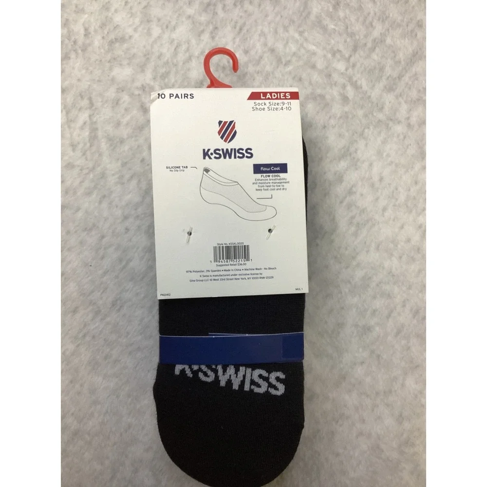 K-Swiss Ladies 10 Pair No Show Liner Sock Black Silicone Tab size 4-10 KSSKL0020